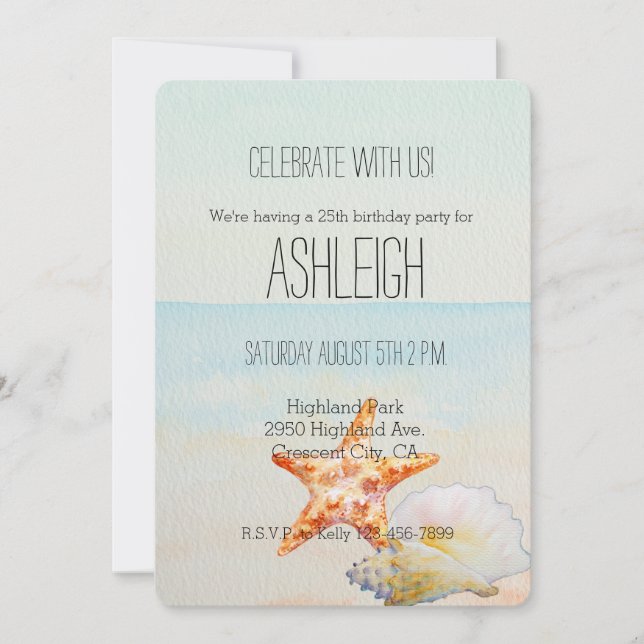 Beach Tropical with Starfish and Conch birthday Invitation (Front)