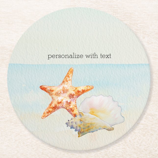 Beach Tropical with Starfish and Conch Round Paper Coaster (Front)