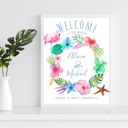 Beach tropical wreath wedding welcome sign