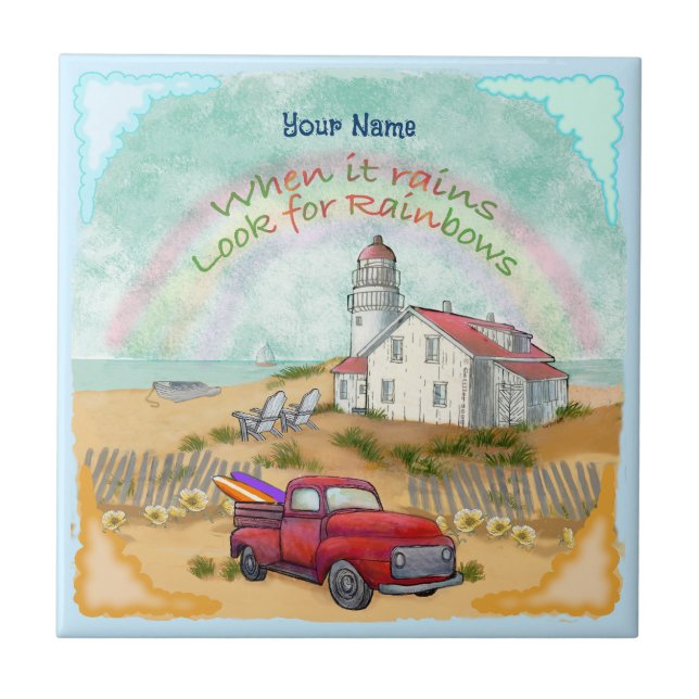 Beach Truck Lighthouse Ceramic Tile (Front)