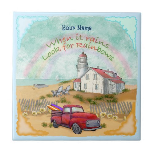 Beach Truck Lighthouse custom name Ceramic Tile