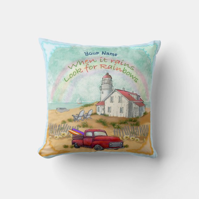 Beach Truck Lighthouse  Throw Pillow (Front)