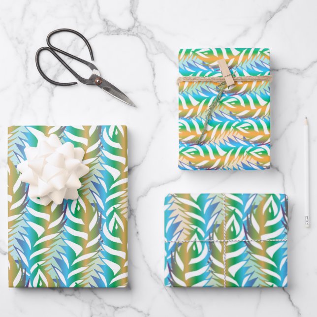 Beach turquoise and yellow fun feather pattern wrapping paper sheets (Front)