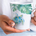 Beach Turquoise Blue Sea Turtle Watercolor Latte Mug<br><div class="desc">Add tropical island style to your home with my witty beach theme mug featuring my original hand painted watercolor sea turtle and monstera palm leaves in shades of blue, green and white. The words Seas The Moment are set in hand lettered script typography. Personalize the words to Seas The Day...</div>