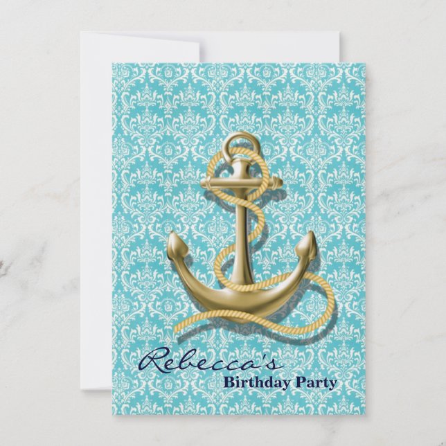 beach turquoise damask sailor nautical anchor invitation (Front)