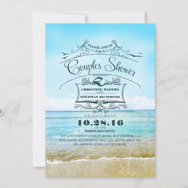beach turquoise ombre sea couples shower invitation (Front)