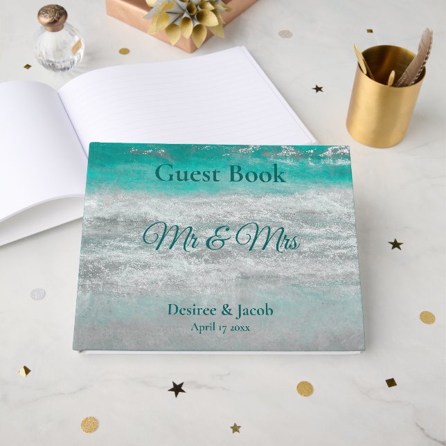 Beach Turquoise Tropical Ocean Waves Wedding Guest Book (Front Open)