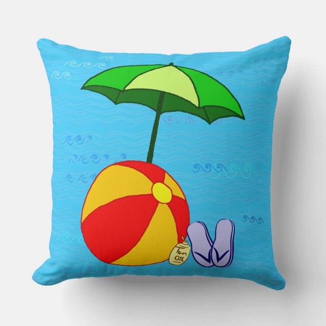 Beach Umbrella and Ball on Waves Throw Pillow (Front)