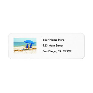 Beach, Umbrella and Chairs at the Shore Label