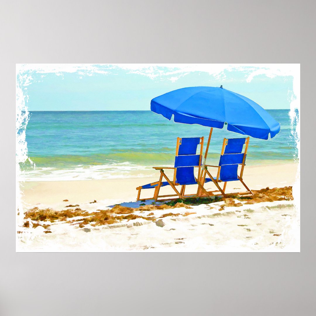 Beach, Umbrella and Chairs at the Shore Poster Zazzle