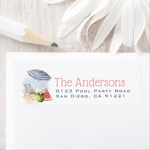 Beach Umbrella & Chairs Pink Return Address Label