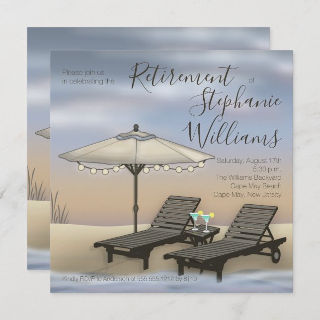 Beach Umbrella | Lights | Chairs Sunset Retirement Invitation (Front/Back)
