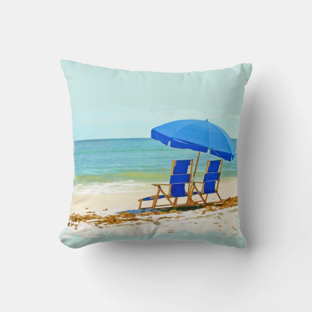 Beach, Umbrella, Ocean & Chairs Throw Pillow (Front)