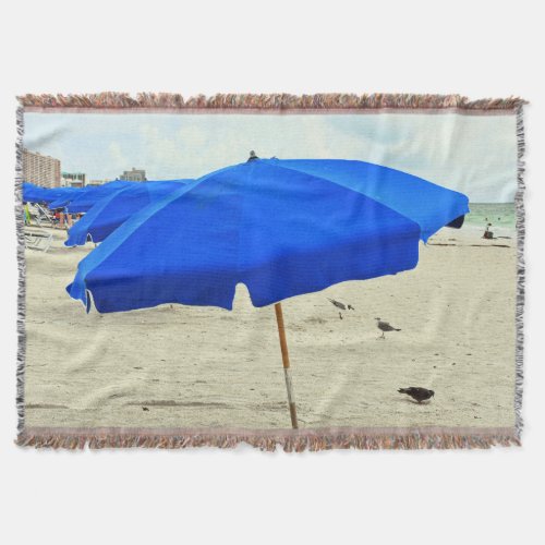 Beach Umbrella Seagulls In The Sand Throw Blanket