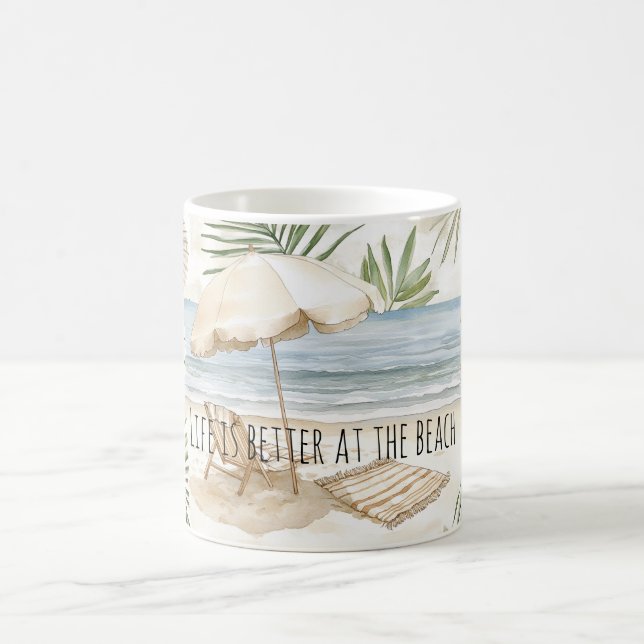 Beach Umbrella Tropical Shells Palm Leaves Coffee Mug (Center)