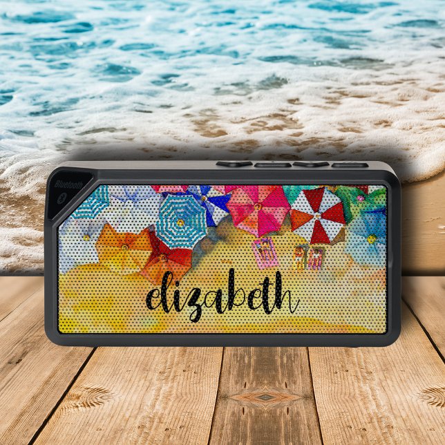 Beach Umbrellas in Sand  Bluetooth Speaker (4.25" x 1.5" x 2.5" bluetooth speaker with beach umbrellas, personalized with your name.)