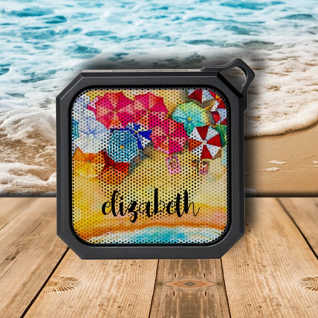 Beach Umbrellas in Sand  Bluetooth Speaker (3" x 3" x 1" bluetooth speaker with beach umbrellas is personalized with your name on the front.)