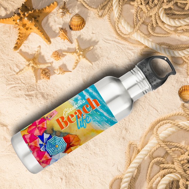 Beach Umbrellas In the Sand Stainless Steel Water Bottle (Beach Umbrellas In the Sand Stainless Steel Water Bottle personalized with your name.)