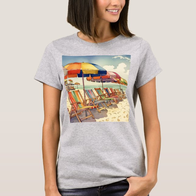 Beach Umbrellas Ocean Scene T-Shirt (Front)