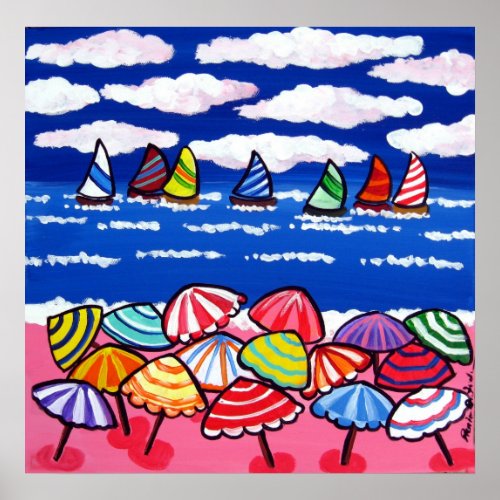 Beach Umbrellas Sailboats Fun Folk Art Poster