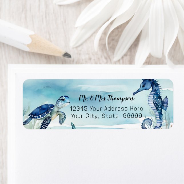 Beach Undersea Turtle Seahorse Watercolor in Blue Label (Insitu)