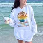Beach Vacation Family Friends Custom Cool Sunset Hoodie<br><div class="desc">Bask in the warmth of cherished moments with the "Beach Vacation Family Friends Custom Cool Sunset Hoodie." This hoodie is your go-to choice for relaxed beach style, featuring attributes like making memories together vacation shirt, family custom vacation shirts, and a retro sunset rays wavy design. The personalized touch ensures a...</div>