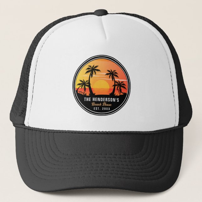 Beach Vacation House Family Reunion Palm Trees 80s Trucker Hat (Front)