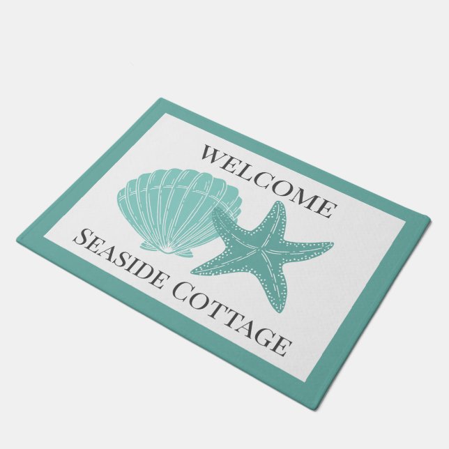 Beach Vacation Rental Aqua Shells Personalized Doormat (Angled)