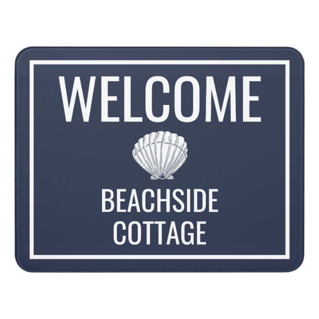 Beach Vacation Rental Navy Shell Modern Airbnb Door Sign (Contemporary Front)