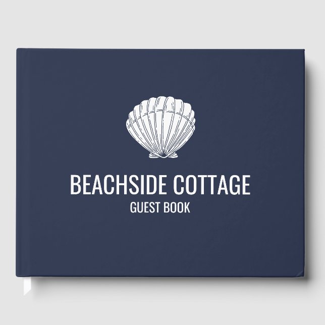 Beach Vacation Rental Navy Shell Modern Airbnb Guest Book (Front)