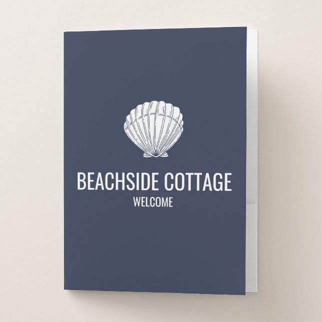 Beach Vacation Rental Navy Shell Modern Airbnb Pocket Folder (Front)