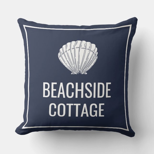 Beach Vacation Rental Navy Shell Modern Airbnb Throw Pillow (Front)