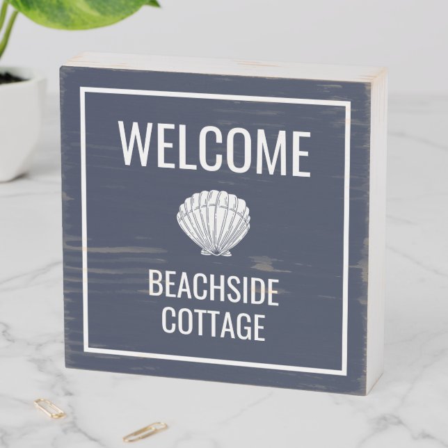 Beach Vacation Rental Navy Shell Modern Airbnb Wooden Box Sign (In Situ Horizontal)