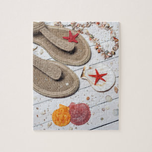 Beach Vacation with Sandals and Sea Shells Jigsaw Puzzle