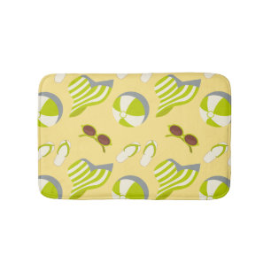 Beach vacay pattern with sunglasses and sun hat bath mat