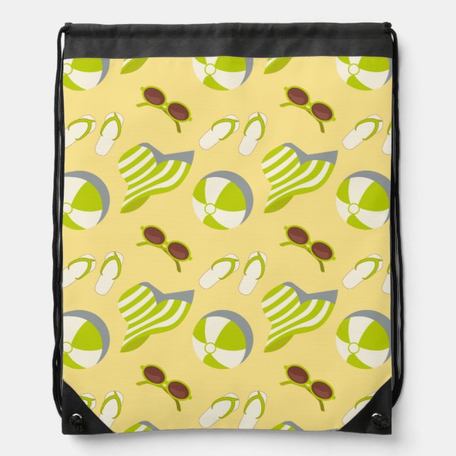 Beach vacay pattern with sunglasses and sun hat drawstring bag (Front)
