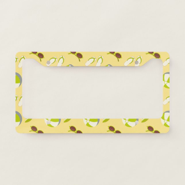 Beach vacay pattern with sunglasses and sun hat  license plate frame (Front)