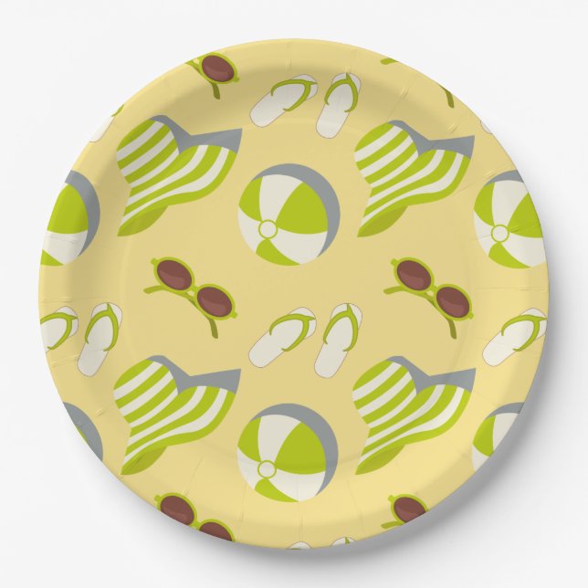 Beach vacay pattern with sunglasses and sun hat  paper plates (Front)