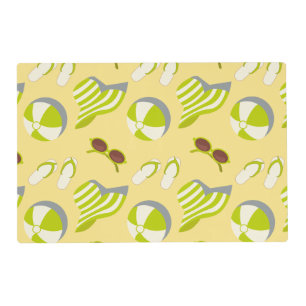 Beach vacay pattern with sunglasses and sun hat placemat