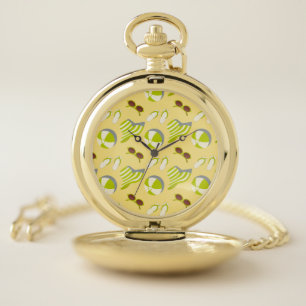 Beach vacay pattern with sunglasses and sun hat pocket watch