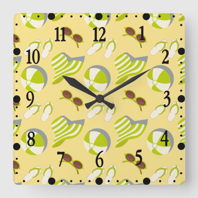 Beach vacay pattern with sunglasses and sun hat  square wall clock (Front)