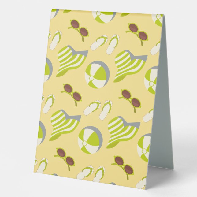 Beach vacay pattern with sunglasses and sun hat table tent (Front)