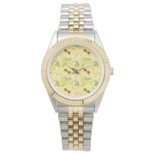 Beach vacay pattern with sunglasses and sun hat watch