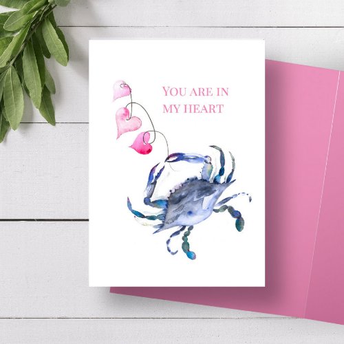 Beach Valentines Card Blue Crab and Hearts