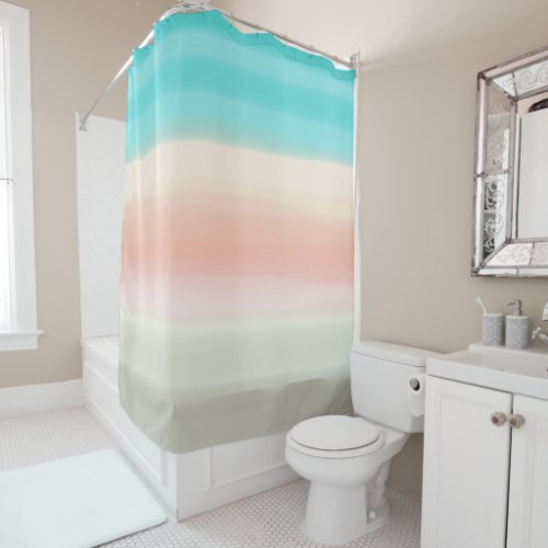 Beach Vibe Pastel Blue Coral Gray Watercolor Shower Curtain