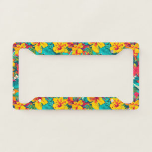 Beach vibe tropical flowers and leaves pattern license plate frame