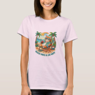 Beach Vibes and Cat Naps Funny Retro Cat Vacation  T-Shirt