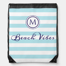 Beach Vibes Blue White Stripe Coastal Monogram Drawstring Bag