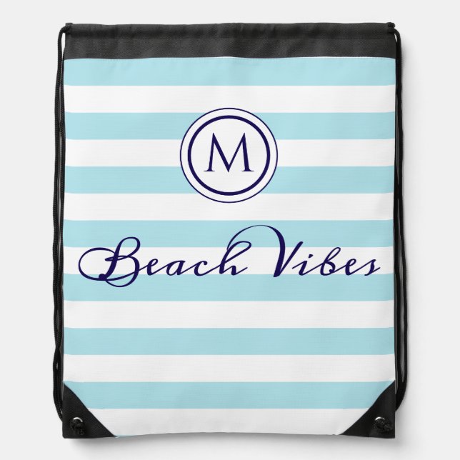 Beach Vibes Blue White Stripe Coastal Monogram Drawstring Bag (Front)
