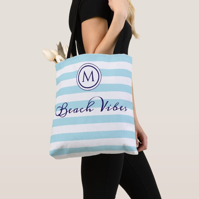 Beach Vibes Blue White Stripe Coastal Monogram Tote Bag (Close Up)